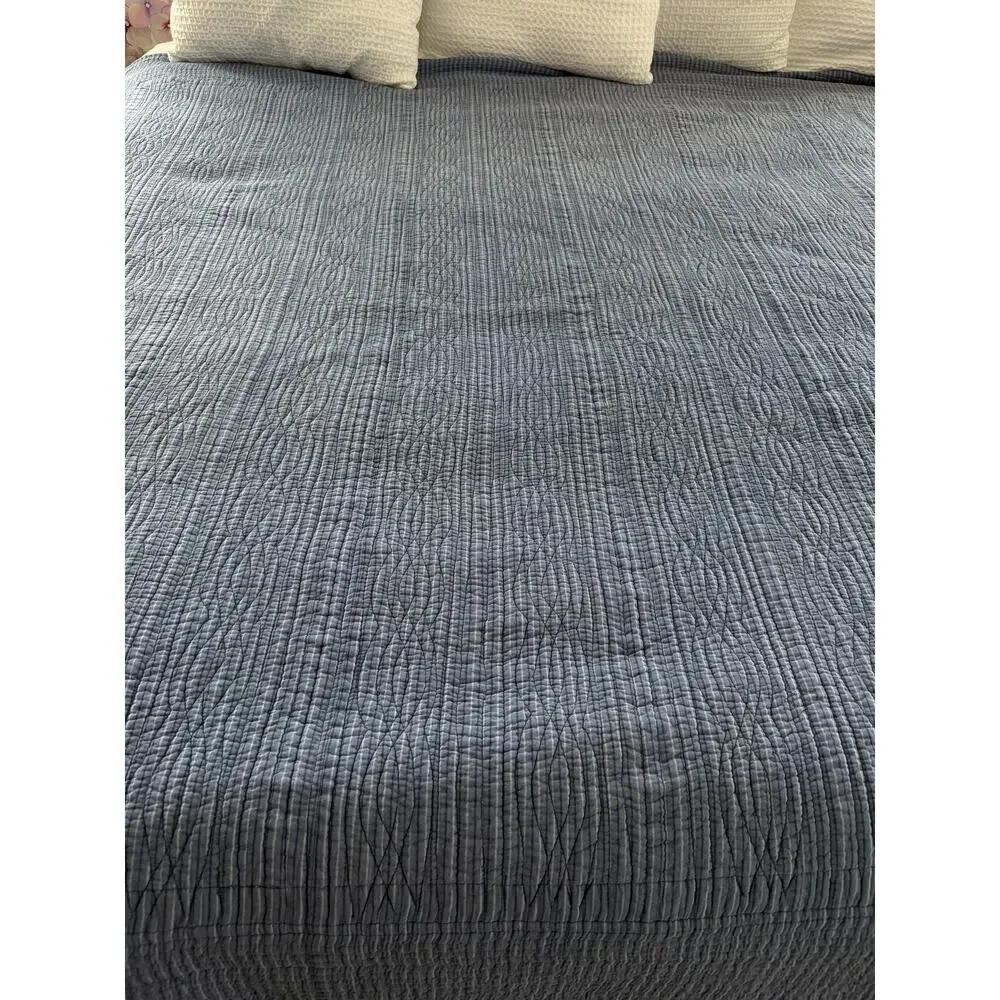 Nautica Coastal Quilt Bedspread Full Queen Blue Plaid Cotton 2 Pillow Shams READ